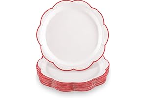 NatNarr 30 Pcs Red and White Paper Plates, 7 Inch White Plates with Red Trim Scalloped Christmas Paper Plate Disposable for Christmas, Baby Shower, Wedding, Bridal Shower