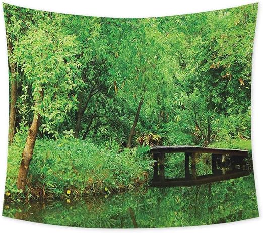 Amazon Com Tree Tapastry S Wall Hanging Decor Deep In Forest Theme Woodsy Landscape Leaves And Bridge Foliage Lush Rural Scenery Wall Tapestry For Bedroom Decor W80 X L60 Inch Green Brown Home