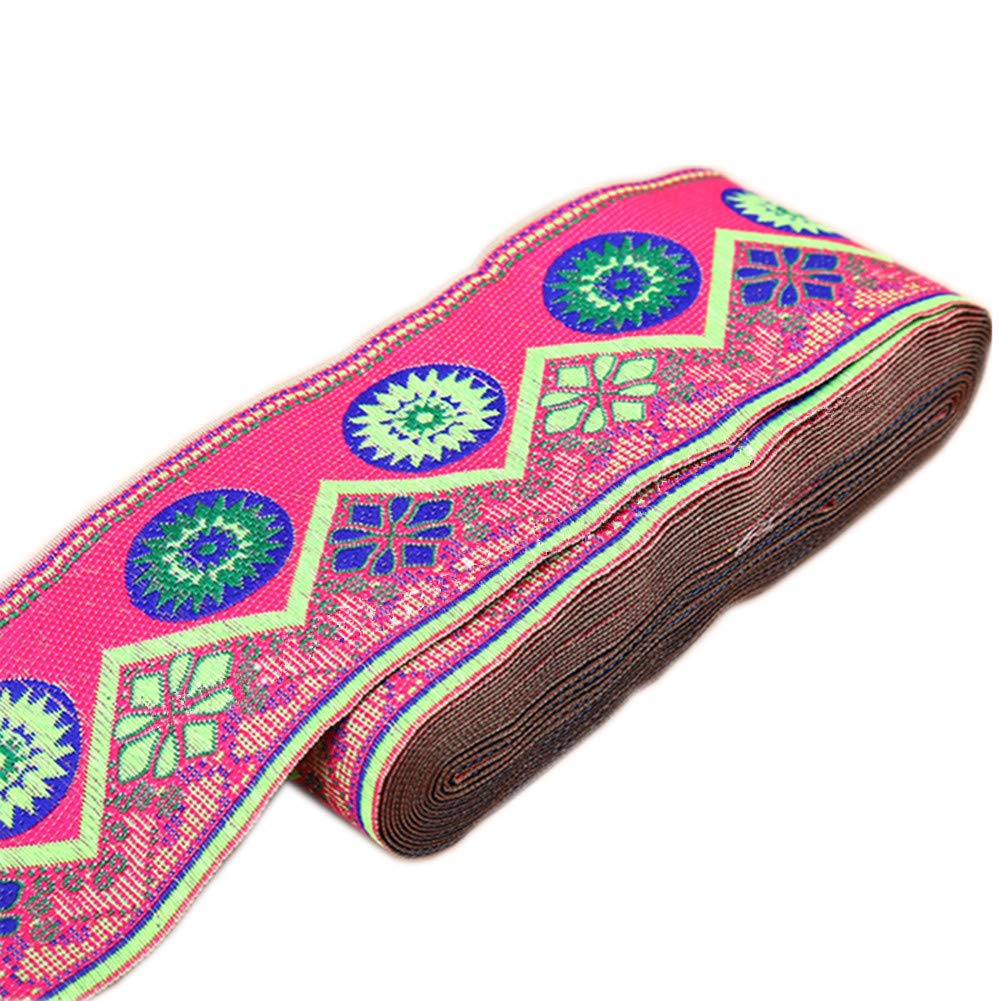 7 Meters Sunrise Sunset on The Moutain Jacquard Ribbon Suzani Floral Lace Embroidered Woven Trim for Embellishment Craft Supplies (Rose, 5cm)