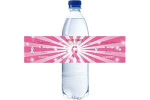 ROSTYAKZ 32pcs Pink Breast Cancer Water Bottle Labels, Pink Ribbon Sign Cancer Survivor Stickers, Cancer Free/Cancer Warrior Water Bottle Lables for Cancer Themed Party Decoration