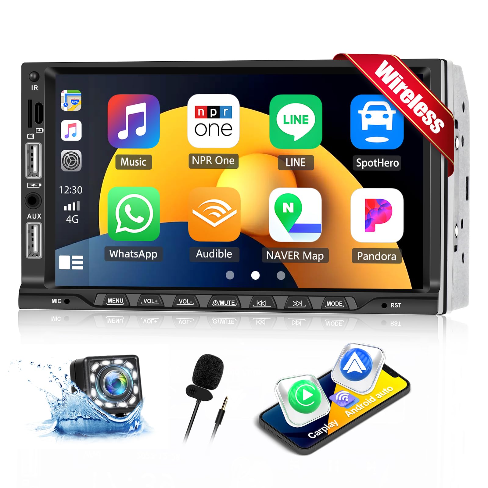 Photo 1 of [Upgrade] Double Din Car Stereo with Wireless CarPlay Android Auto, 7" HD Touchscreen Bluetooth 5.1, FM Radio, USB/Type-C Port, TF Card/AUX-in, Mirror Link + Backup Camera + Remote + MIC