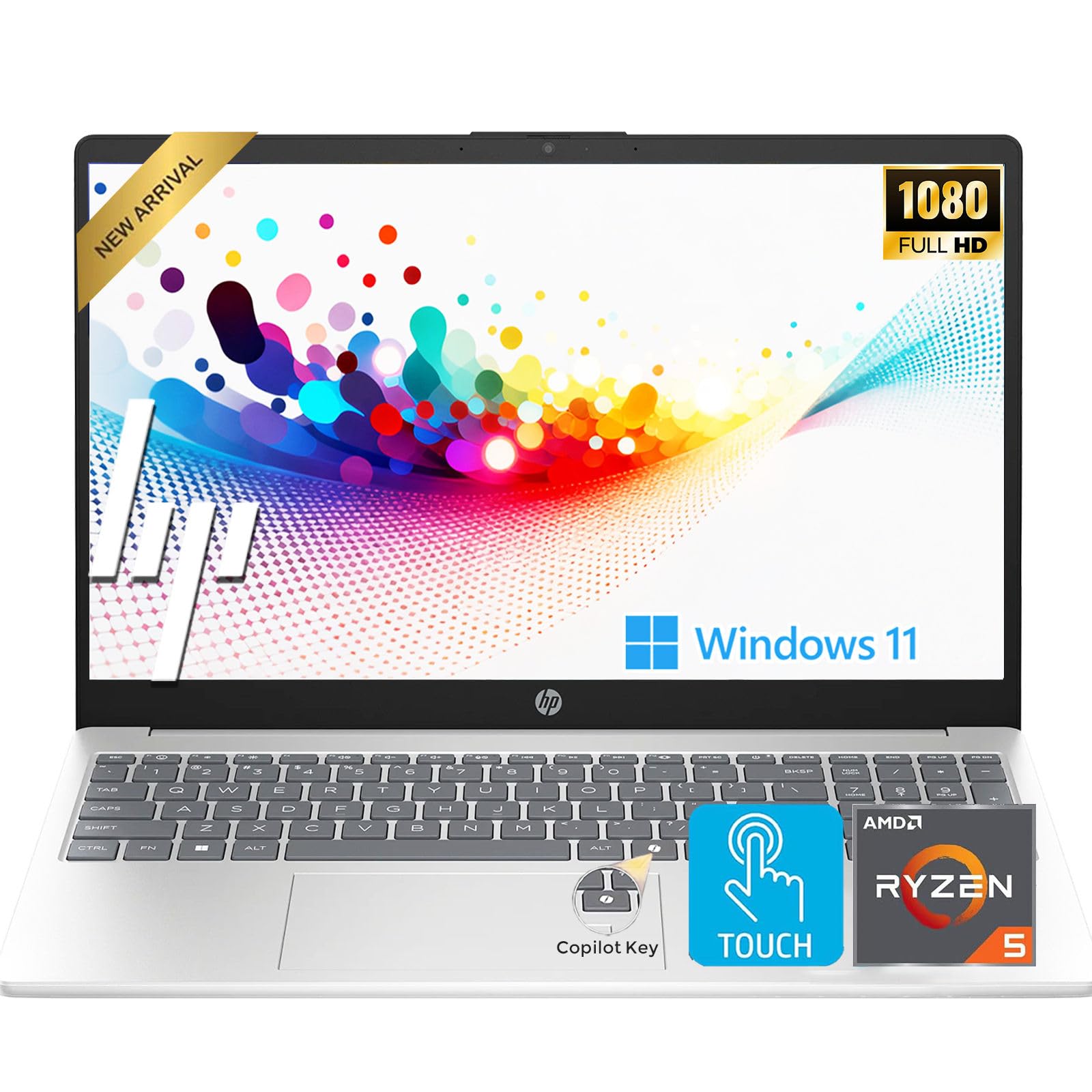 HP Touchscreen 15.6" FHD Business Laptop Computer | 2026 Edition | AMD Ryzen 5 (Up to 4.3GHz) | 8GB DDR5 RAM, 512GB PCIe SSD | AI Copilot Key | Windows 11 with Office 365 for The Web • w/o Mouse Image