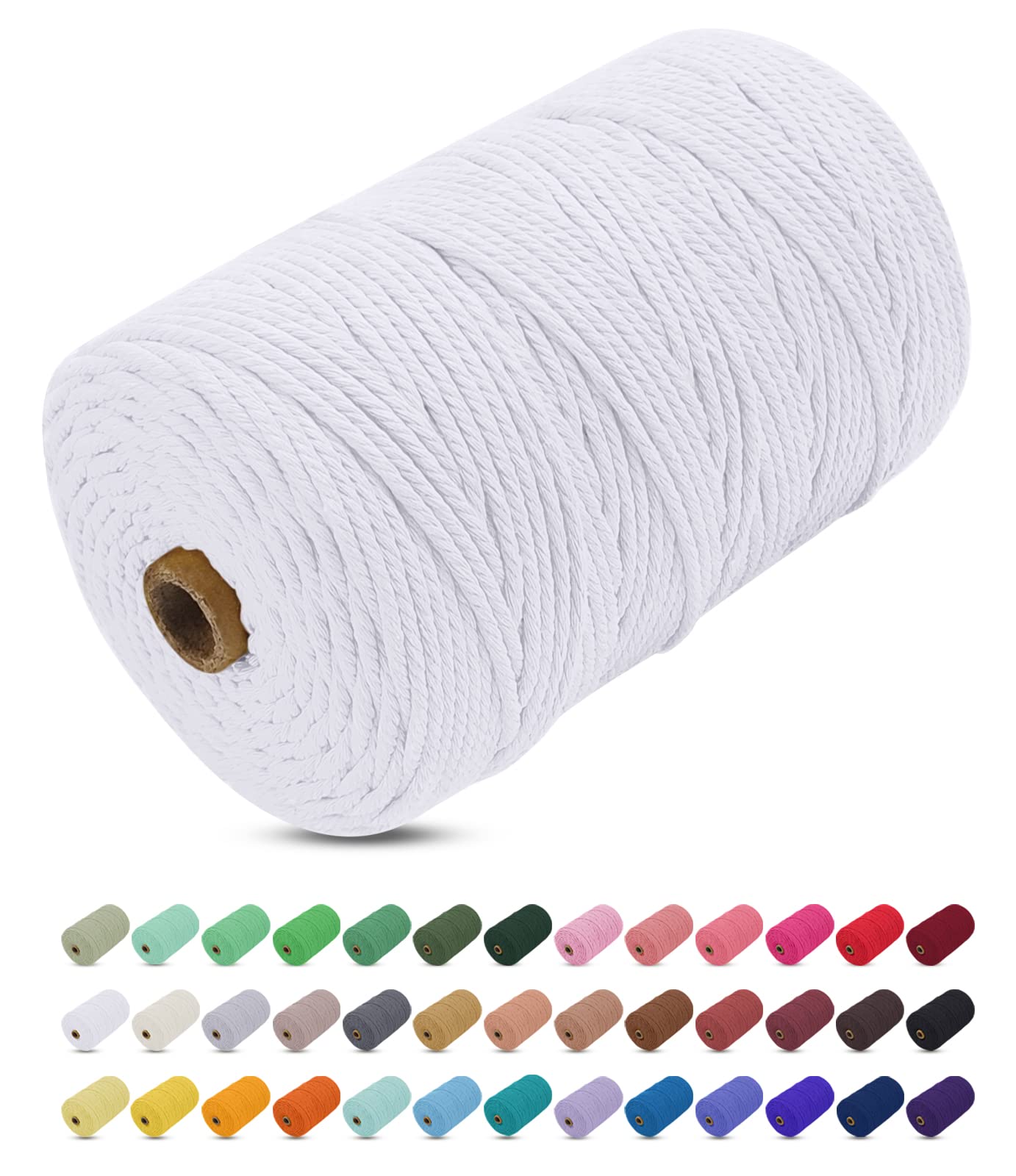 Uiopa Macrame Cord 3mm x 200m, Thick Macrame Rope Yarn Soft Natural Cotton Cord, Coloured 4-Ply Macrame String for DIY Craft, Plant Hangers, Wall Hanging, Christmas Decorations (White)