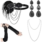 iHUFeather Women 1920s Flapper Set with Headband Beaded Necklaces Earrings Gloves for Vintage Wedding Costume Accessories
