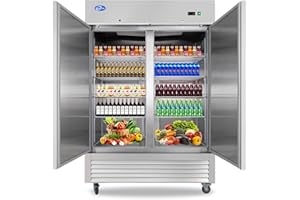 kalifon 54" Commercial Refrigerator with 2 Solid Door, 49 Cu.ft Reach-in Stainless Steel Refrigerator, Fan Cooling Refrigerator for Restaurant, Bar, Home, Shop, and Business(Equip 8 Shelves)