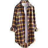 Minibee Women's Cotton Blouses Tops Plaid Long Sleeve High Low Button Down Shirts Tunic