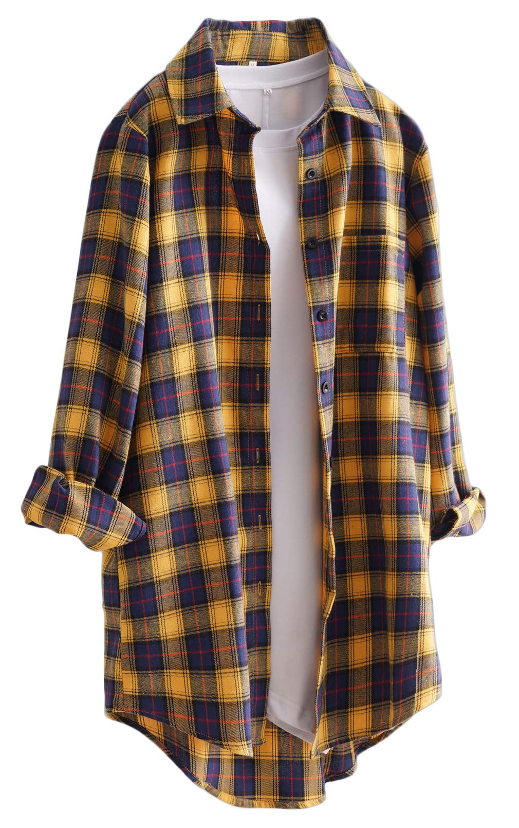 MinibeeWomen's Cotton Blouses Tops Plaid Long Sleeve High Low Button Down Shirts Tunic