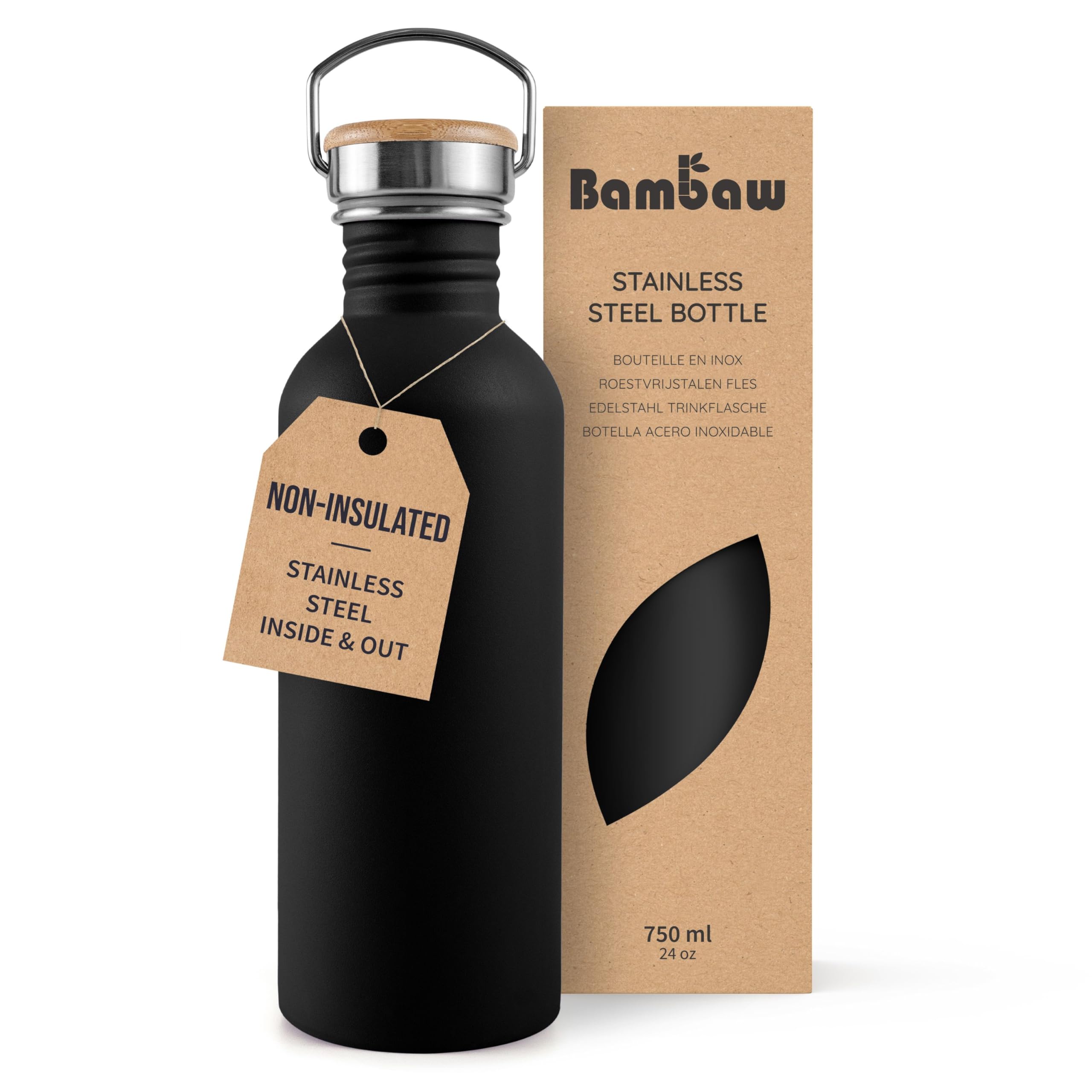 Bambaw Stainless Steel Water Bottle 750ml - Non-Insulated, Metal, BPA Free, Leakproof, Reusable - Jet Black