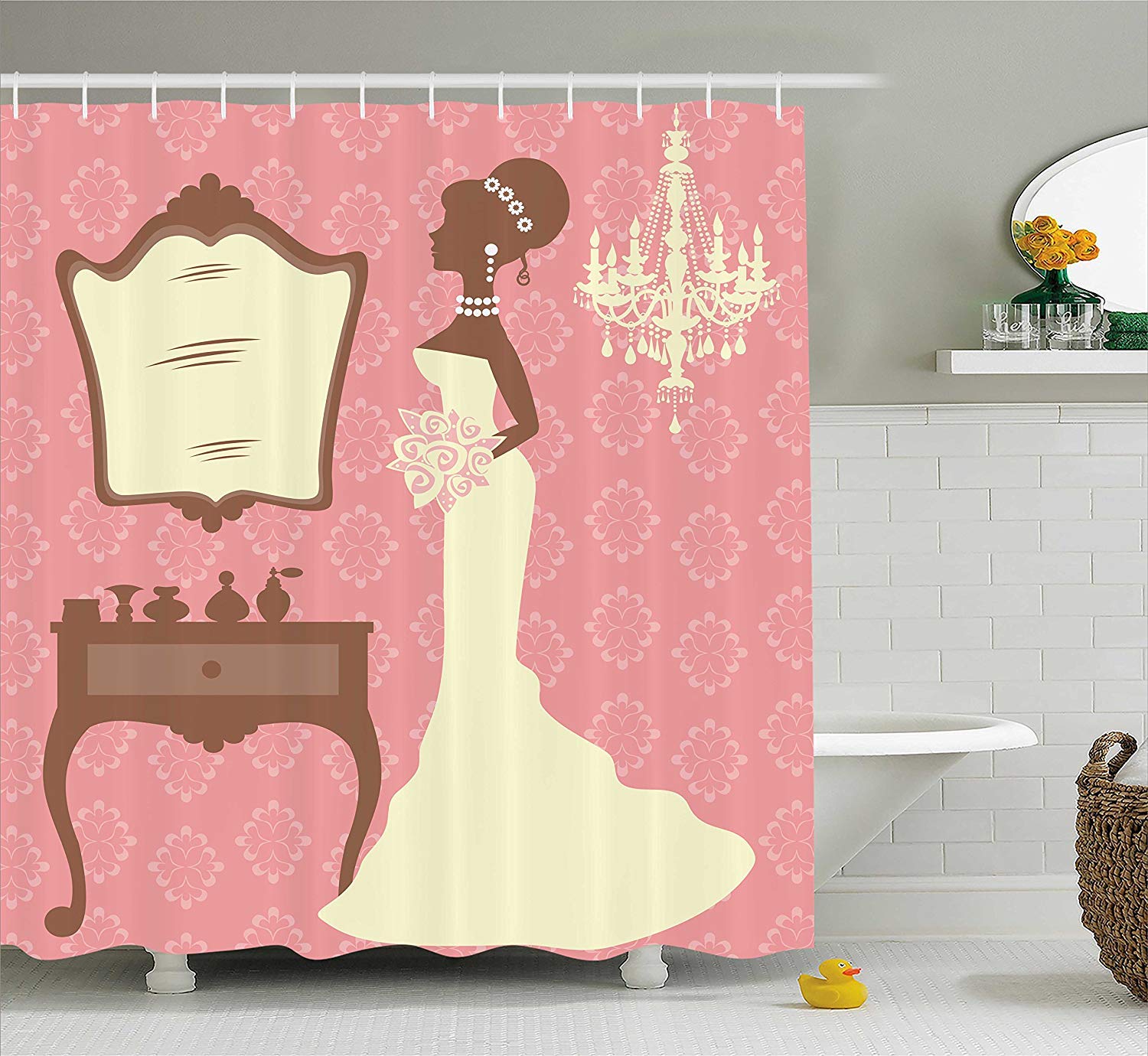 Fabric Bathroom Decor Set With Hooks Dark Coral And White Goniesa