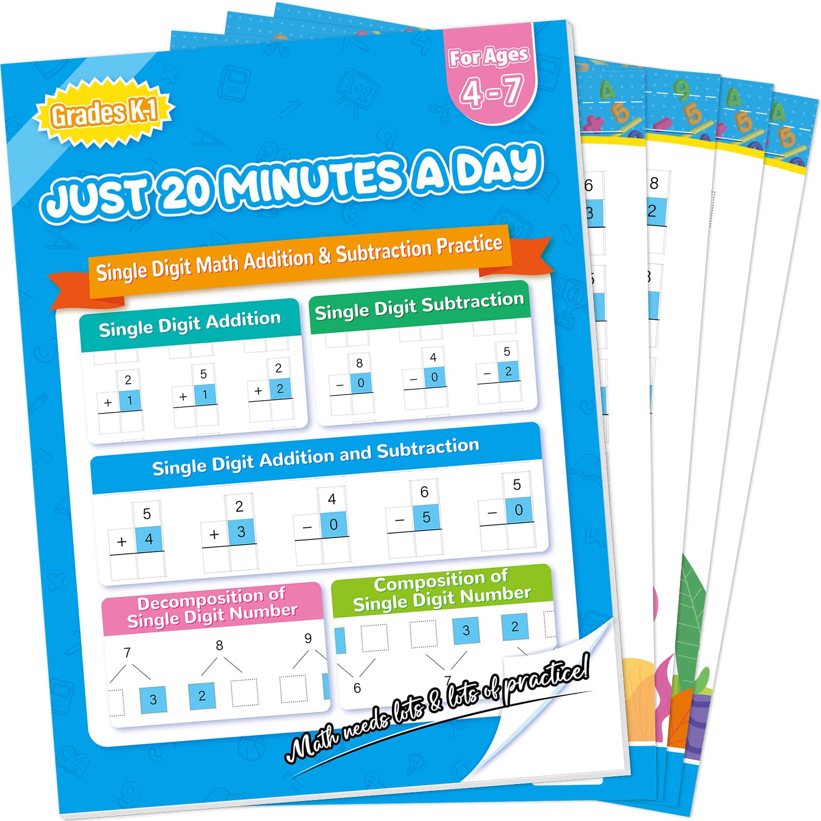 Photo 1 of Addition and Subtraction Practice Worksheets Single Digit Math Problem Workbook for Pre-Kindergarten, Kindergarten, and 1st Grade Students for Ages 3-7, 56 Pages Front and Back, 5 Question Types