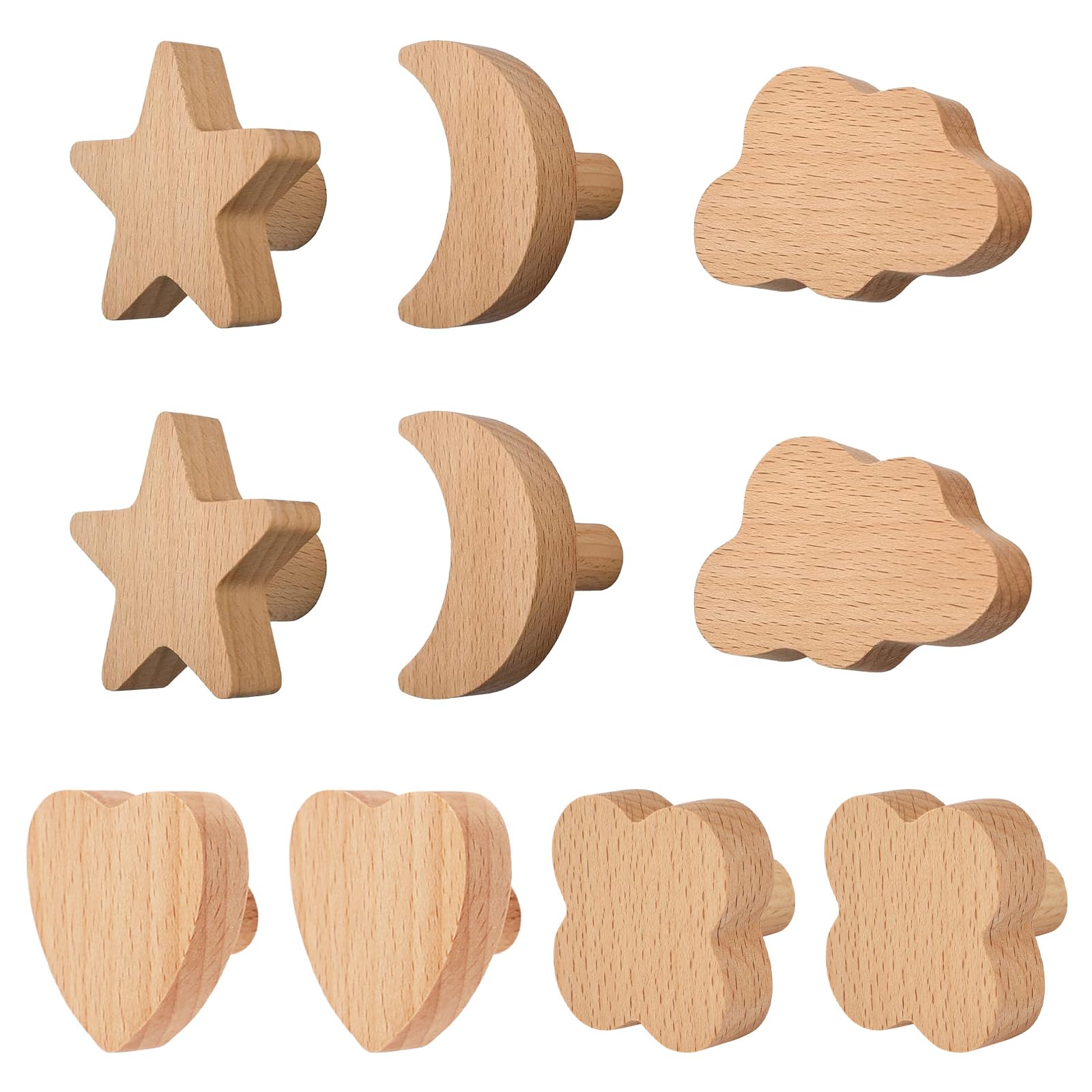 MOROBOR 10pcs Natural Beech Wood Handles, Moon, Cloud, Star, Heart, Four-Clover Shape Handles Wood Hooks for Children's Room Decoration Cabinet Knobs Hooks — image 1