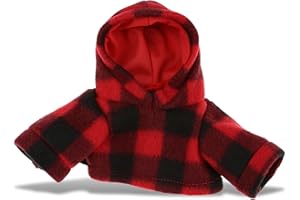 DolliBu Red Hoodie Plaid Jacket Teddy Bear Clothes - Red Long Sleeve Shirt Plaid Flannel Sweater, Dress Up Lumberjack Costume, Plush Clothing Accessories - Small Fits Most 5 Inch to 7 Inches