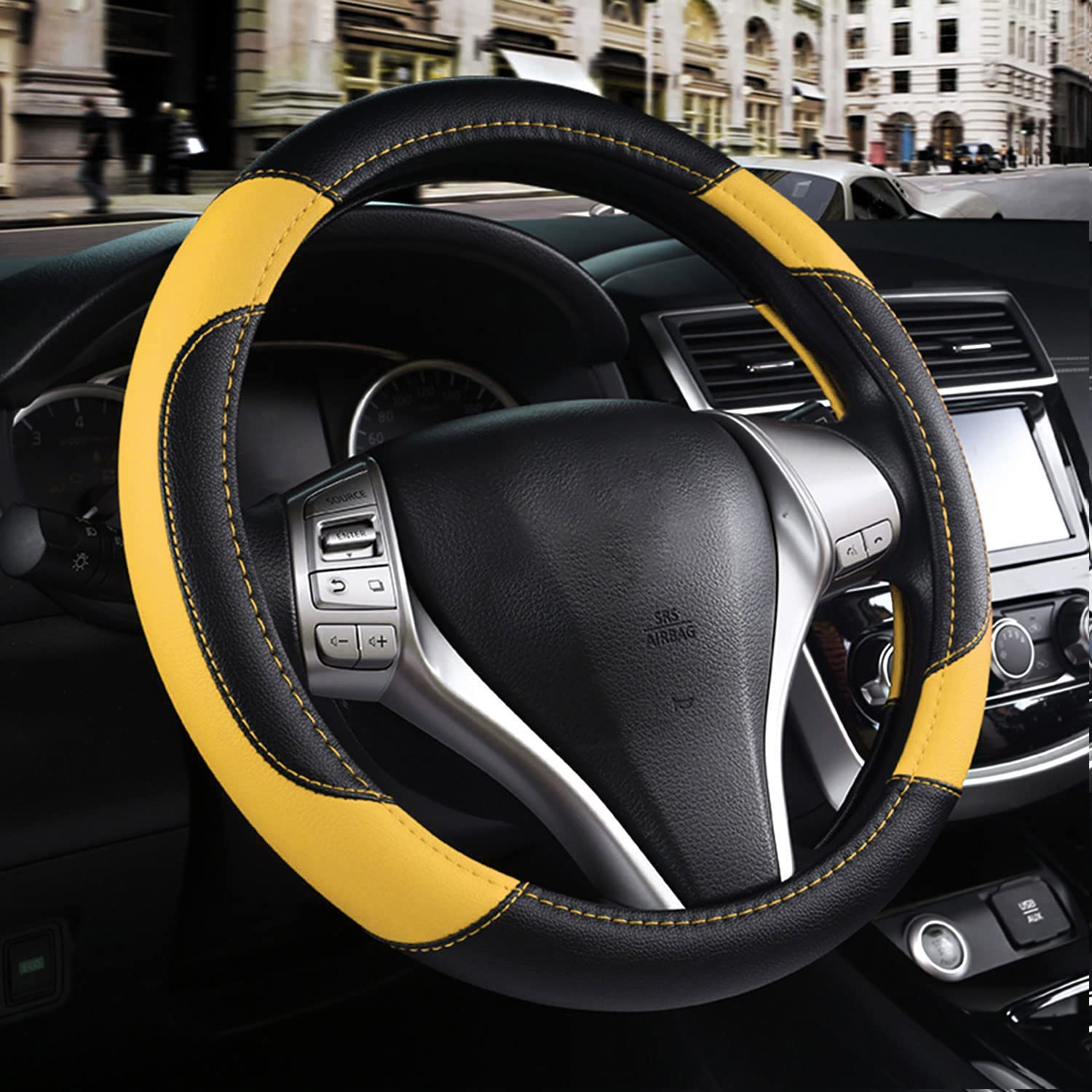 Photo 1 of Leather Car Steering Wheel Cover, Non-Slip Car Wheel Cover Protector Breathable Microfiber Leather Universal Fit for Most Cars (Black&Yellow)