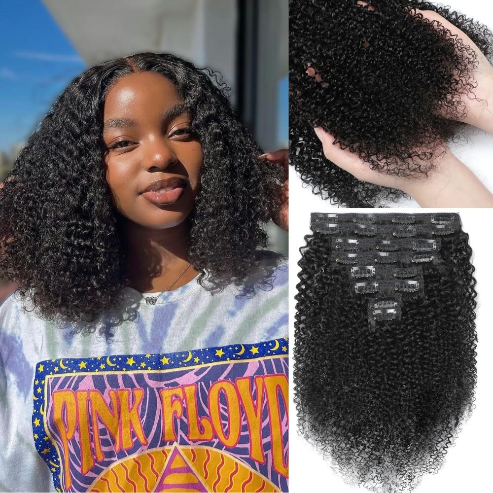 YDDM Kinky Curly Clip in Hair Extensions for Black Women Full Head Brazilian Virgin Human Hair Natural Black 16 Inch 120g 8pcs 20Clips