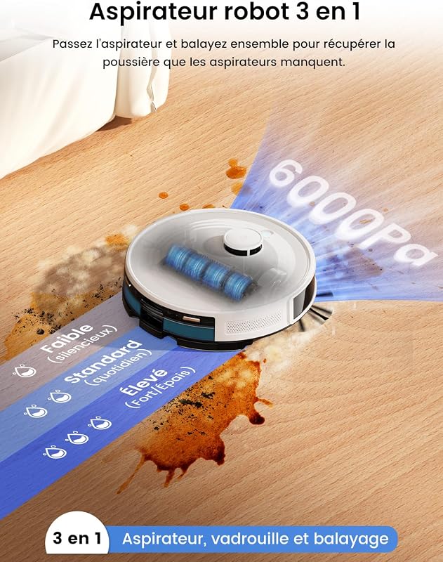 M2L Plus Robot Aspirateur Laveur 6000Pa, Vidage Auto avec Sac 2,5 L — photo 3 sur 8