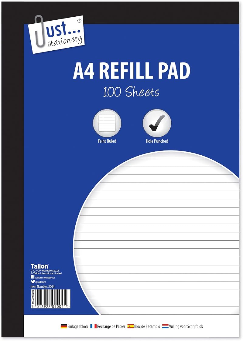 Just stationery 100 Sheet A4 Refill Pad White 53gsm Side Bound 2 Ring