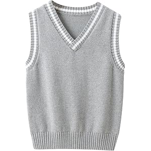 Boys Girls V Neck Knit Vest Teen Uniform School Pullover Sleeveless Sweater Striped Trim Layering Preppy Ribbed Cardigan