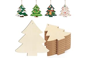 SOPHENA Wooden Christmas Tree Ornaments to Paint Christmas Thanksgiving Decoration Cutouts Unfinished 24PCS 3.5 x 3 inches, DIY Blank Unfinished Christmas Tree Wood Discs Ornament for Home Crafts Hanging