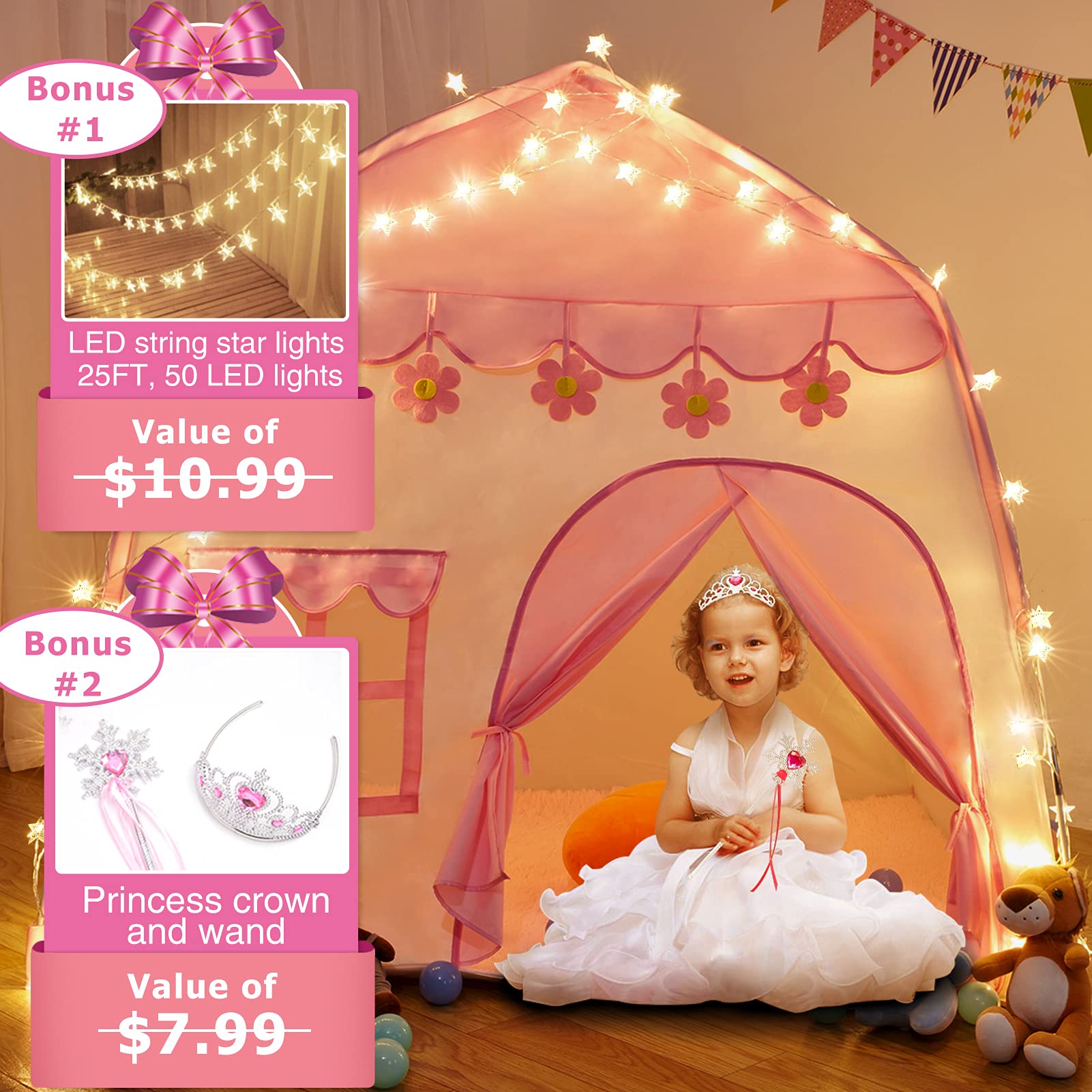 TTLOJ Kids Gift Play Tent with Small Lights, Princess Crown & Wand, for Girls Boys, Princess Playhouse, Pink Castle, Fairy Tale Teepee Tent, Indoor Outdoor, Birthday