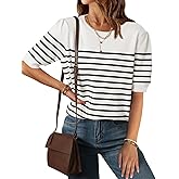 ZESICA Women's Casual Striped Tops Short Sleeve Crew Neck Ribbed Knit T Shirts Comfy Loose Basic Pullover Sweater