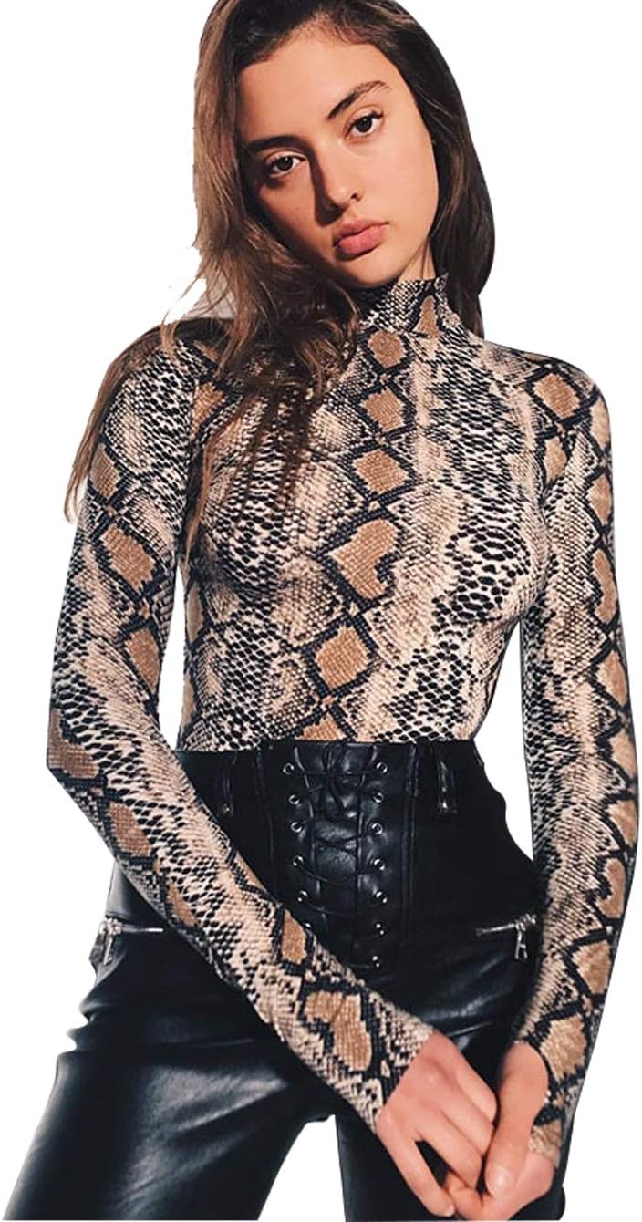 Women's Animal Skin Print Fashion high Collar Long Sleeve Slim Bodysuit
