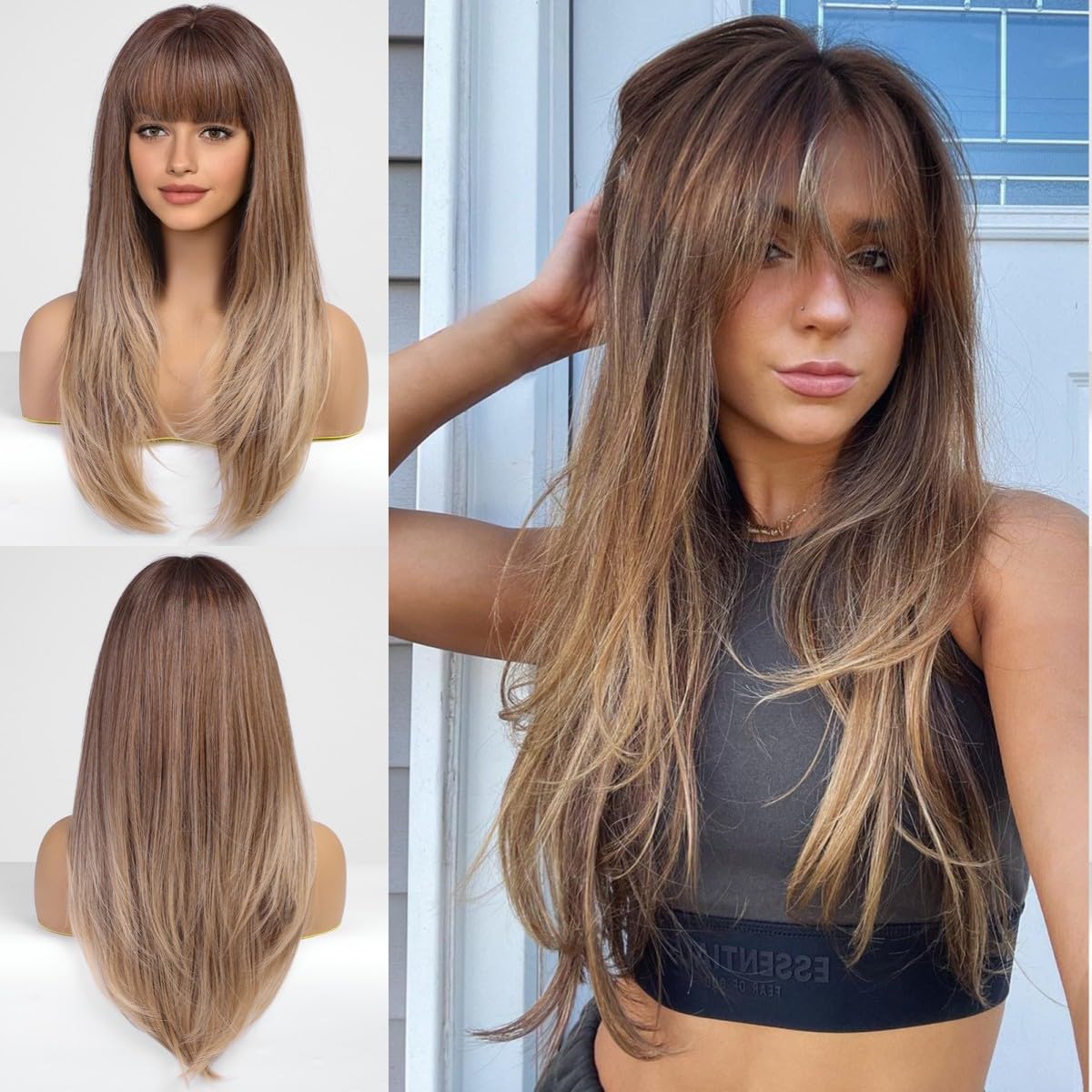 EMMOR Long Ombre Brown Wigs for Women Straight Synthetic Layered Wig with Fringe and Dark Roots(26" Ombre Brown) โ image 1