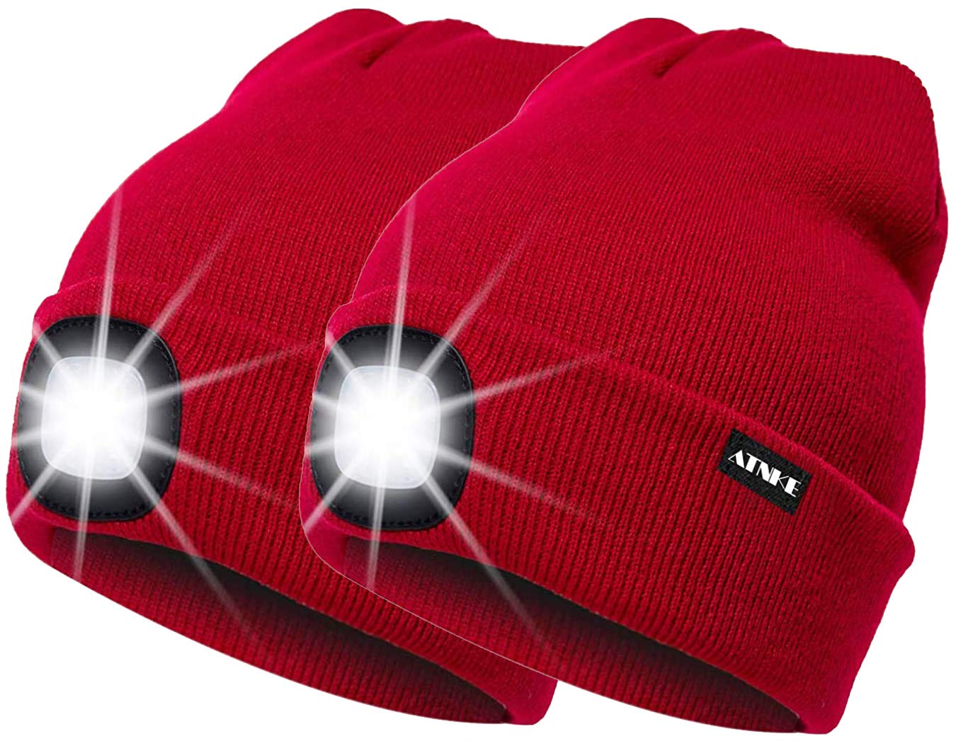 ATNKE 2Pcs New Warm LED Lighted Beanie Cap Unisex USB Rechargeable Running Hat Ultra Bright 4 LED Waterproof Light Lamp Multi-Color/Red