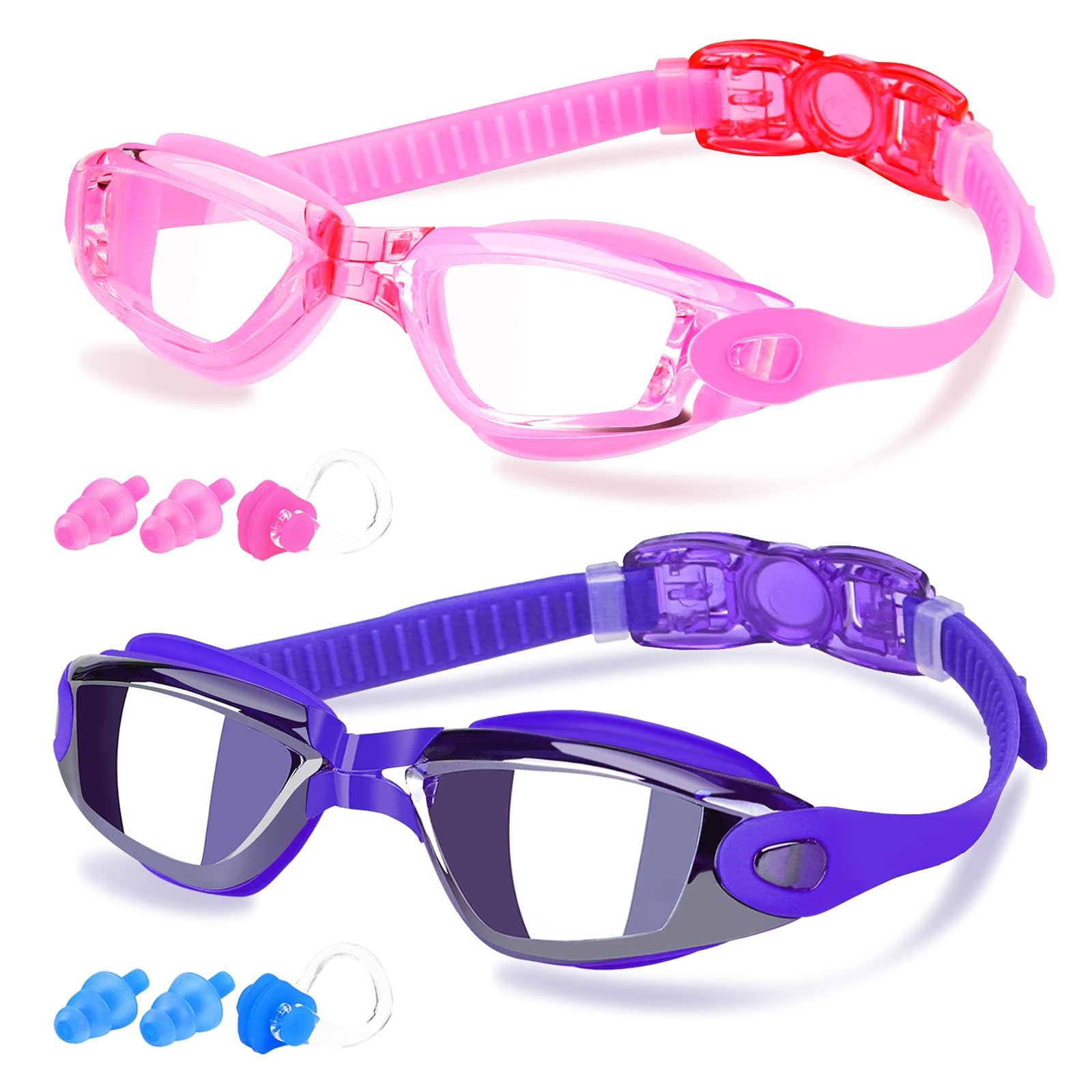 COOLOO Swimming Goggles, 2 Pack Swim Goggles for Adult Men Women Youth Kids 8+, Anti-Fog UV Protection No Leaking Nose Clip and Earplugs