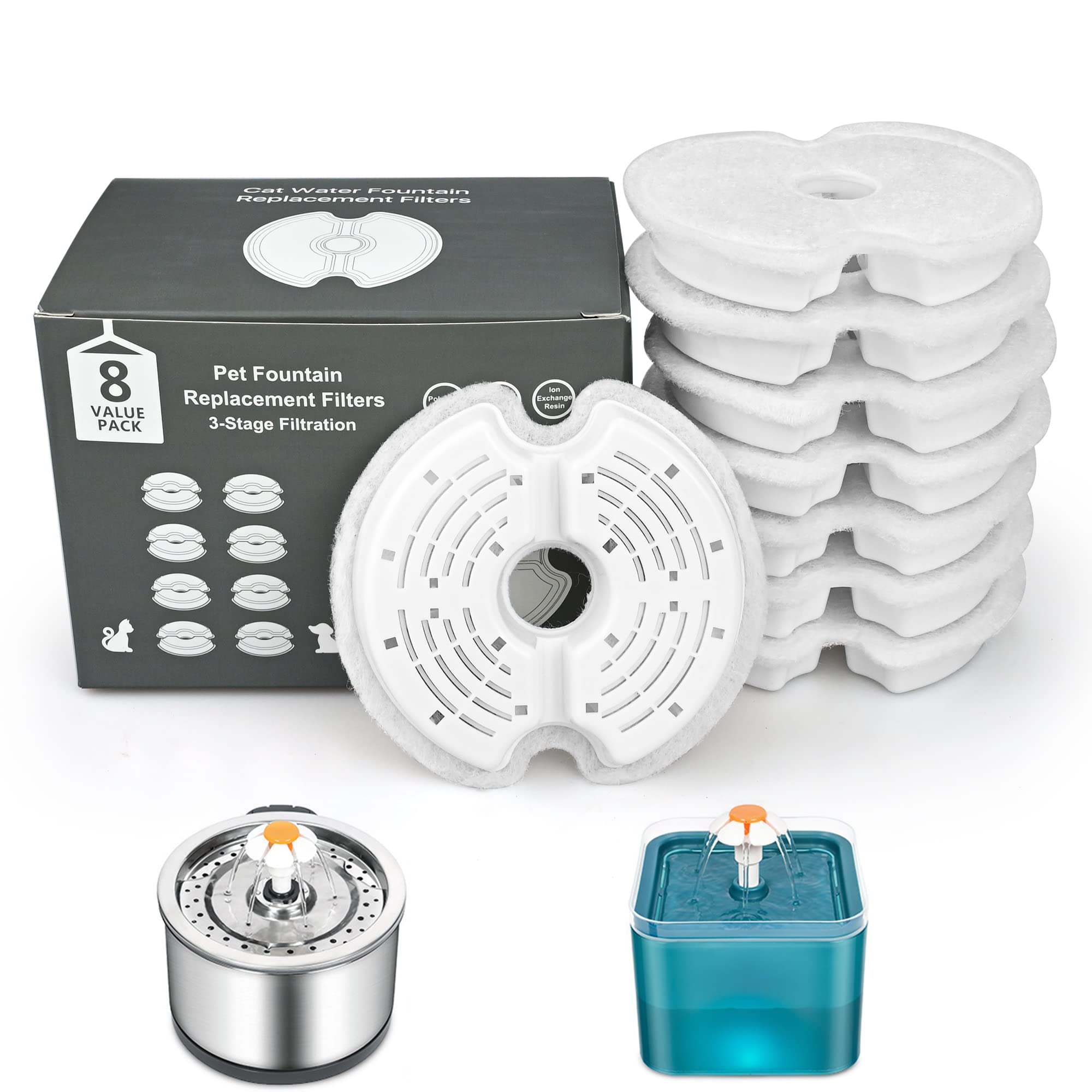 8Pcs Cat and Dog Pet Fountain Replacement Filters - Resin and Activated Carbon - Compatible With 2.5L Stainless Steel and 2L Water Fountains
