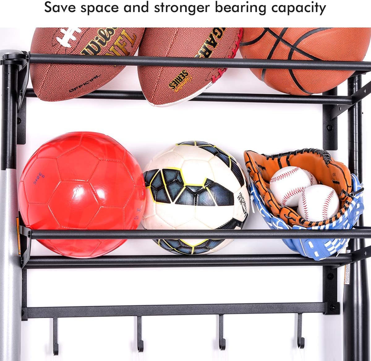 Sunix Sports Equipment Storage, Ball Storage Rack Basketball Holder Wall Mount Shelf with Hooks, 2 Racks, Black: Sports & Outdoors