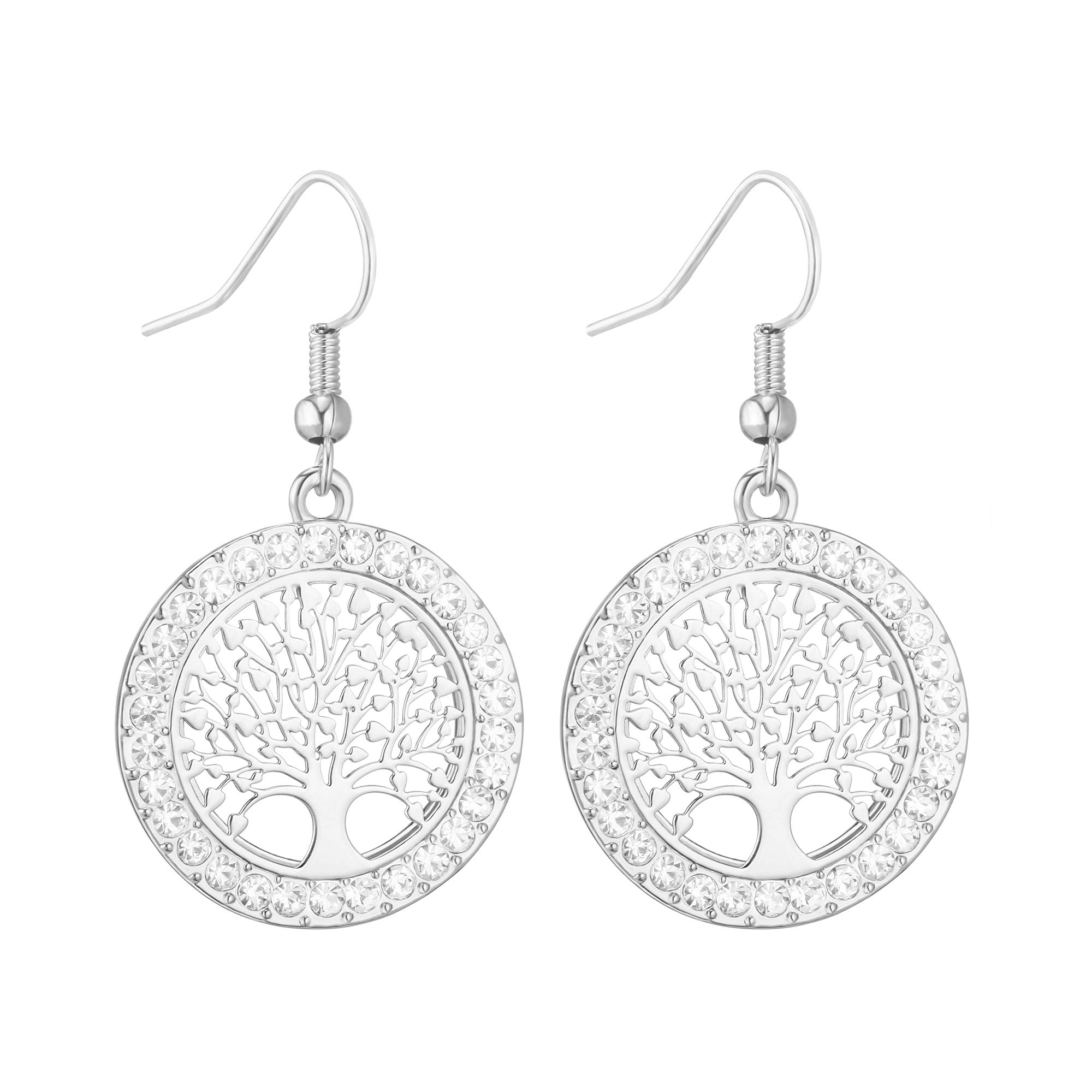 Gold Plated Women’s Dangle Earring, Celtic Tree of Life Drop Earring for Girls Anti-allergy Earring Shining Rhinestone (Silver Color)