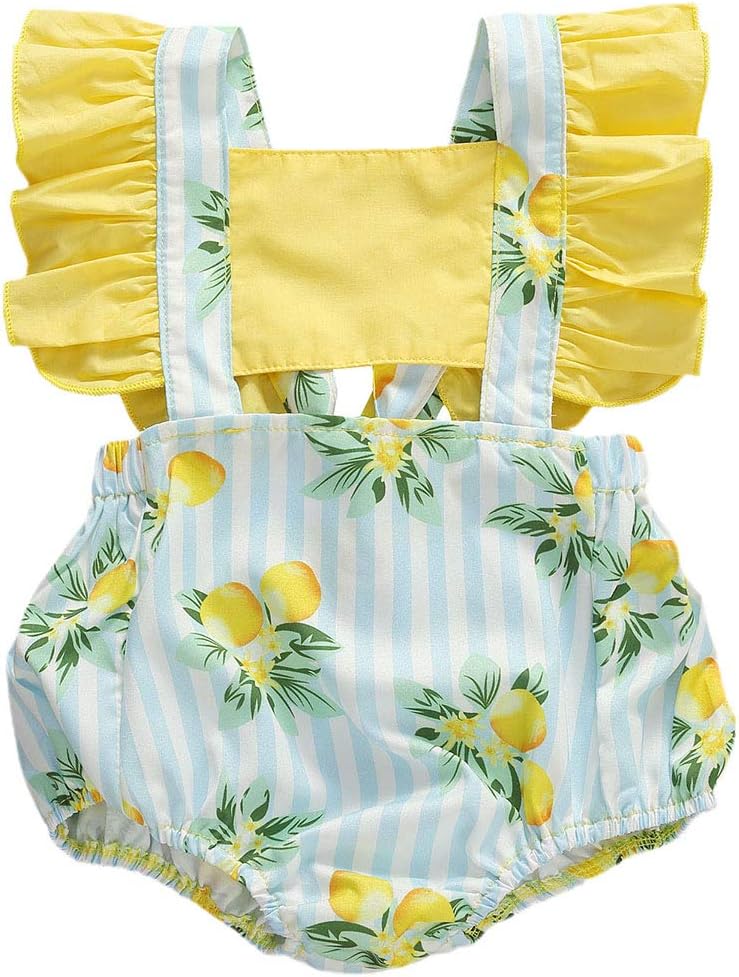 Calsunbaby Summer Toddler Newborn Baby Kid Girl Clothes Candy Lemon Printed Romper Ruffle Sleeve Jumpsuit Bodysuit Sunsuit Outfits (Yellow, 12-18m)