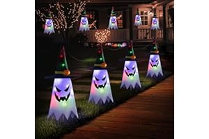 ONBUWWS Halloween Ghost Pathway Lights, 4 Pcs Ghosts with Witch Hats Decorations Path Stake Walkway Led String Lights Colorful Waterproof Battery Operated Indoor Outside Yard Hanging Front Porch Outdoor Decor