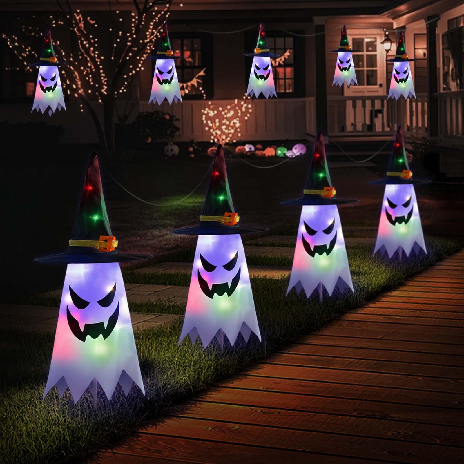 Photo 1 of Halloween Ghost Pathway Lights, 4 Pcs Ghosts with Witch Hats Decorations Path Stake Walkway Led String Lights Colorful Waterproof Battery Operated Indoor Outside Yard Hanging Front Porch Outdoor Decor