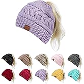 Pukavt 1&2 Pack Winter Hat Ponytail Beanie Hat for Women, Soft Stretch Cable Knit Messy Bun Beeanie,Trendy Gifts for Women