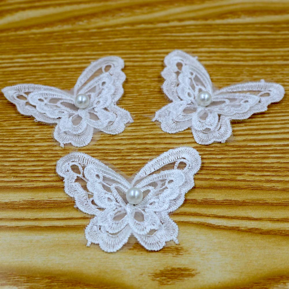 DGOL 10pcs Embossed Lace 3D Beading Butterfly for DIY Clothes Dress Applique Hair Ornaments White