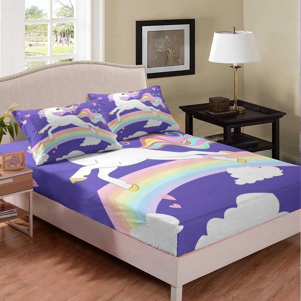 Unicorn Sheet Set Rainbow Pink Heartand Clouds Print Fitted Sheet Cartoon Rainbow Bedding Set 3pcs for Girls Soft Polyester Bed Sheets (1 Fitted Sheet + 2 Pillow Cases) King Size