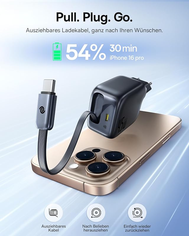 45W USB C Ladegerät, Baseus Enercore Charger mit USB C Kabel, iPhone iPad Ladegerät, PPS-Schnellladen Netzteil für iPhone 17/16/15/14/13/12 Pro Max Air, Samsung Galaxy S25, Pixel, Ausziehbaren Kabel