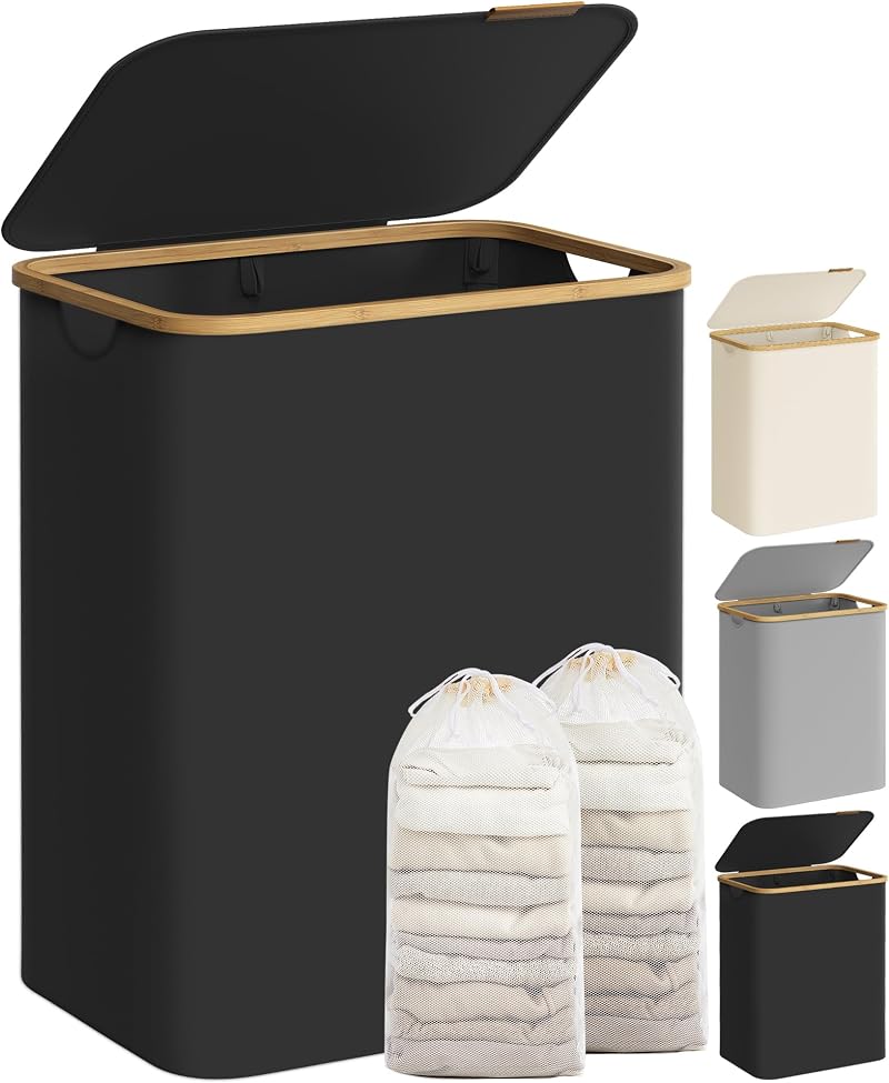 SONGMICS 130L Laundry Basket with Lid 2-Section Collapsible Oxford 600D