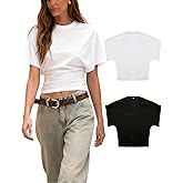 Lumister Shirts for Womens Crewneck Tighten Waist T-Shirt Casual Short Sleeve Workout Tops Solid Color Basic Tees
