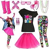 80s Outfit Women Costume Accessories Set T Shirt Shorts Tutu Skirt Neno Party Leg Warmers Headband