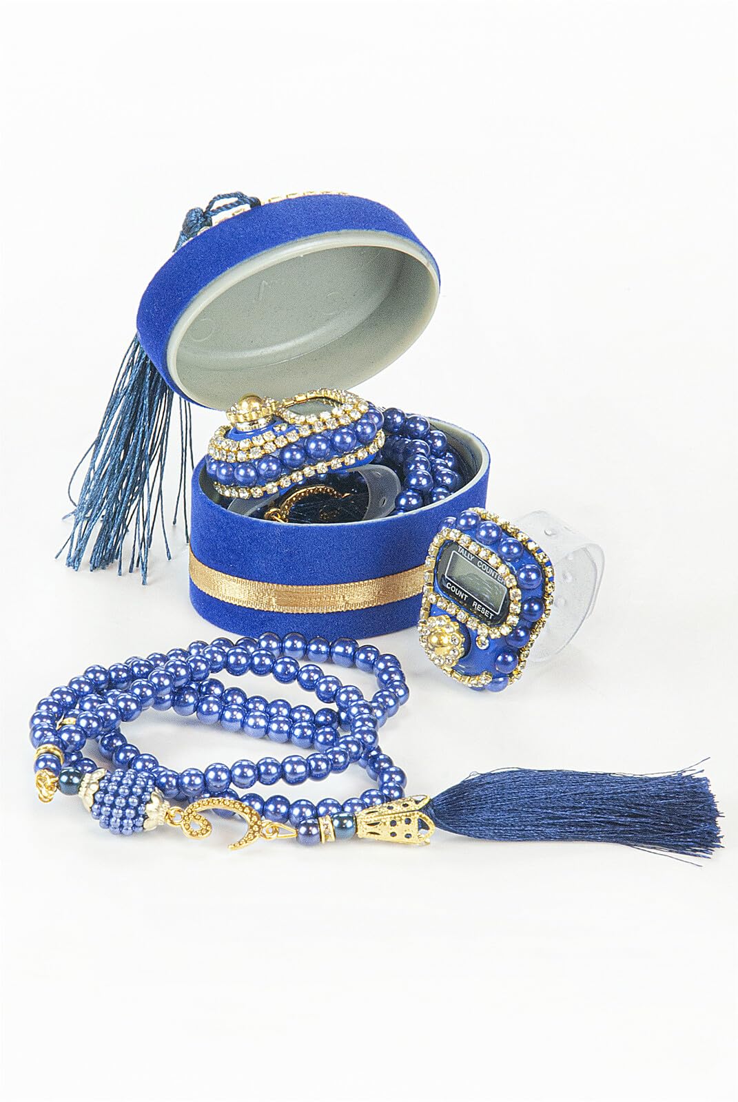 İhvan Online Velvet Box with Islamic Finger Counter and Prayer Beads, Portable Digital Prayer Tasbeeh, Pearl Zikirmatic Beads, 2 Pieces Gift for Ramadan & Eid & Mevlüt (Navy)