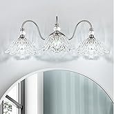 sunkryster Brushed Nickel 3-Light Bathroom Vanity Light with Floral Clear Glass Shades, Brushed Nickel Wall Mount Lighting fo