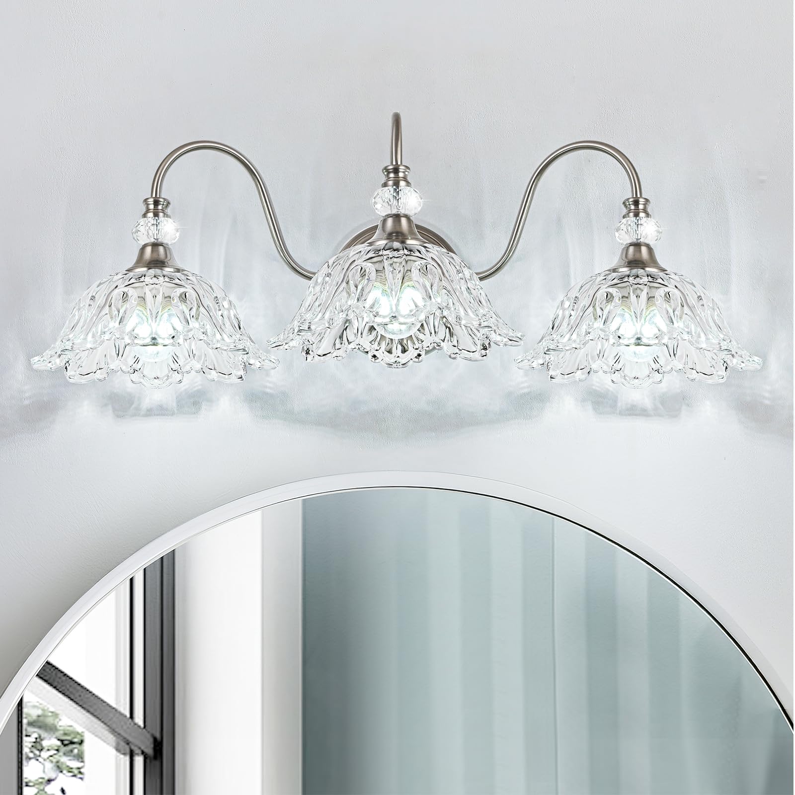 Photo 1 of Brushed Nickel 3-Light Bathroom Vanity Light with Floral Clear Glass Shades, Brushed Nickel Wall Mount Lighting for Bathroom, Dressing Table