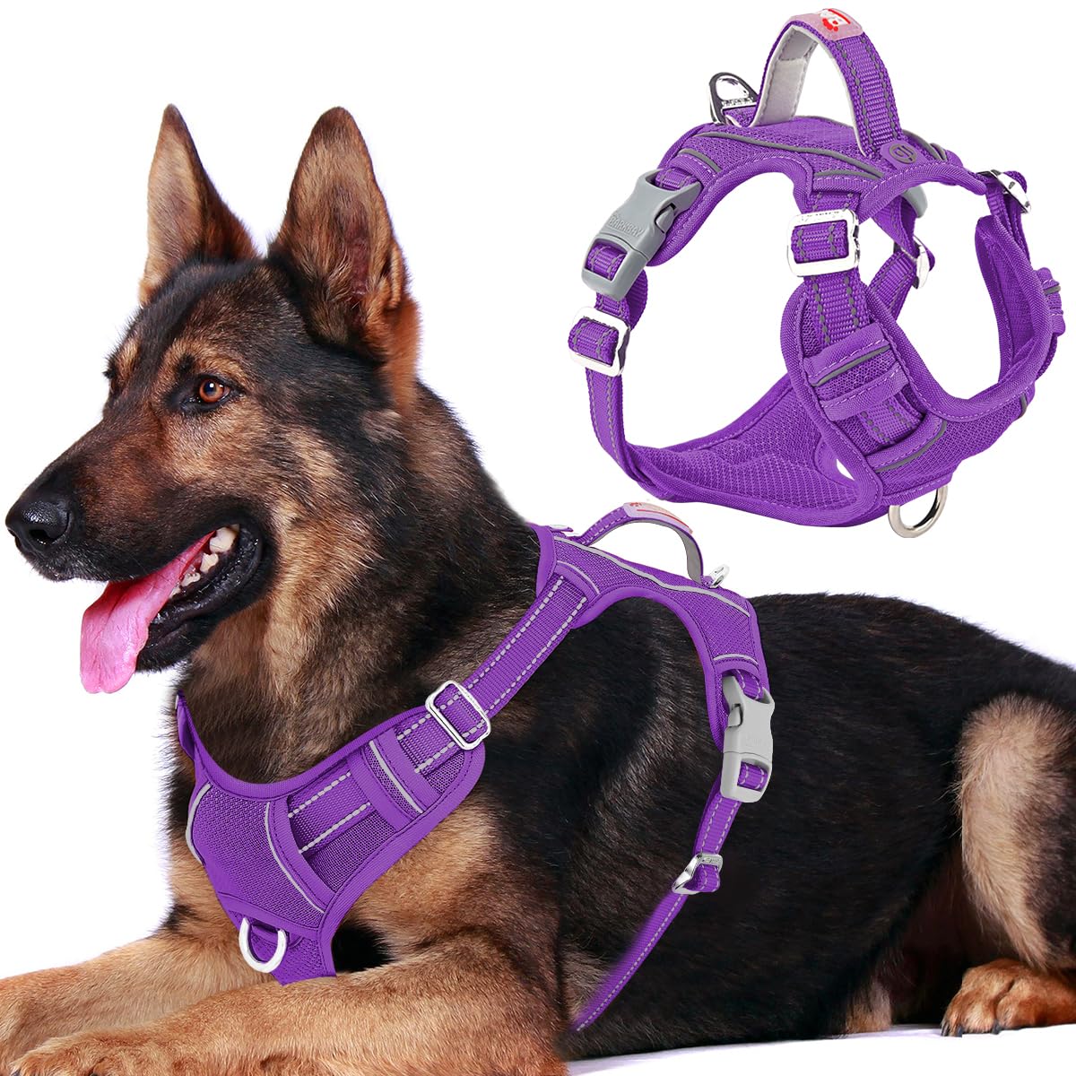 BARKBAY No Pull Dog Harness Front Clip Heavy Duty Reflective Easy Control Handle for Large Dog Walking with ID tag Pocket(Purple,XL)