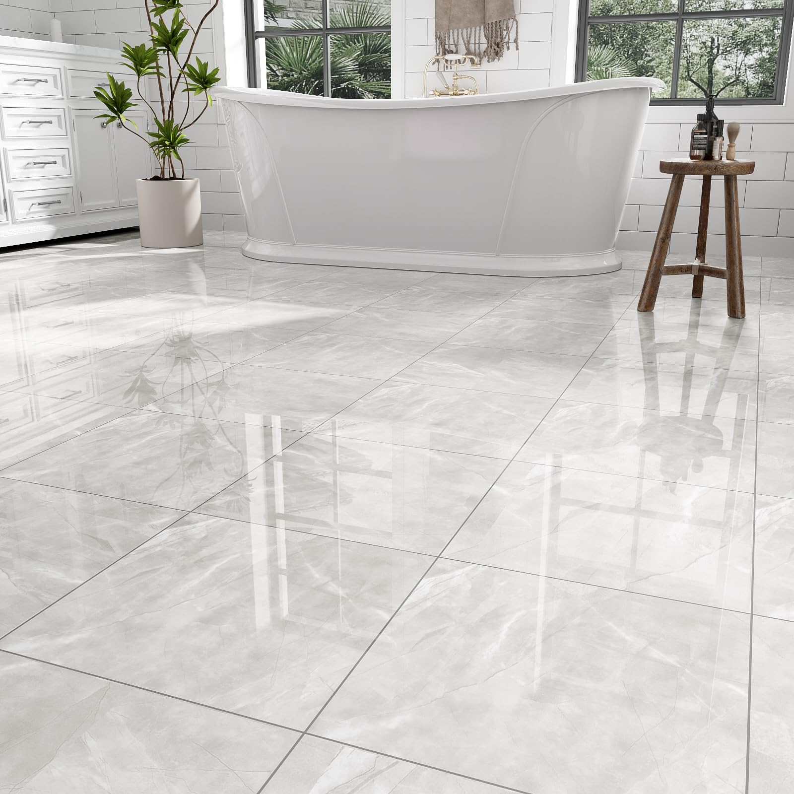 Photo 1 of 10-Pack Peel and Stick Floor Tiles Vinyl Floor 12 x 12 inch Self Adhesive Waterproof Glossy Flooring Planks DIY for Bathroom, Kitchen, Living Room, RV, Cover 10 Sq. Ft, Polish Light Grey Marble