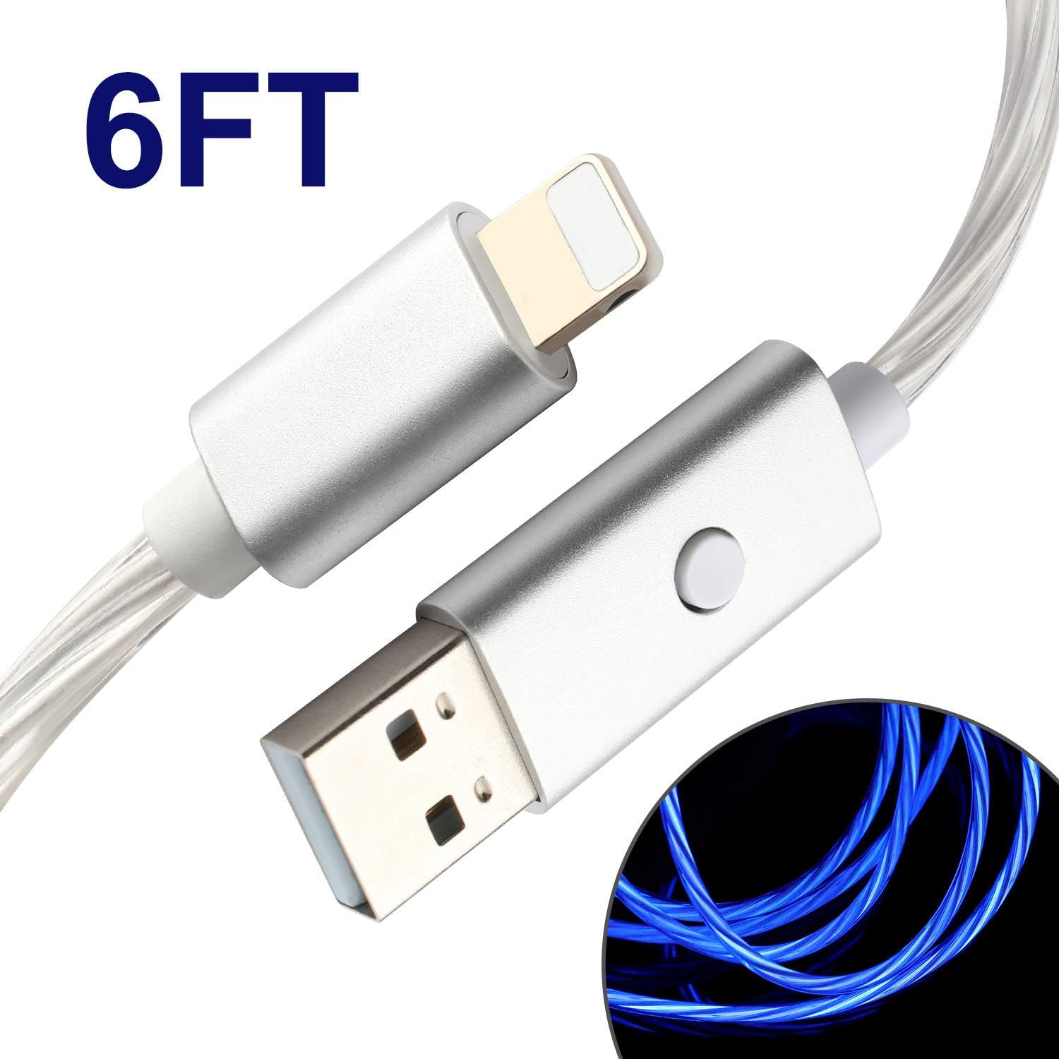 momen iPhone Charging Cable, 6ft Led iPhone Charger Compatible iPhone 12/11/11 pro/X/Xs Max/XR/8/8 Plus/7/6s/iPad and More, Visible Flowing Lighted USB Cord with Switch Button (Blue Light)