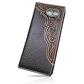 Western Stakes Men’s Long Leather Wallet – Tooled Inlay with Longhorn Concho – Western Bifold Checkbook Wallet for Cowboys, Ranchers & Texas Cattlemen