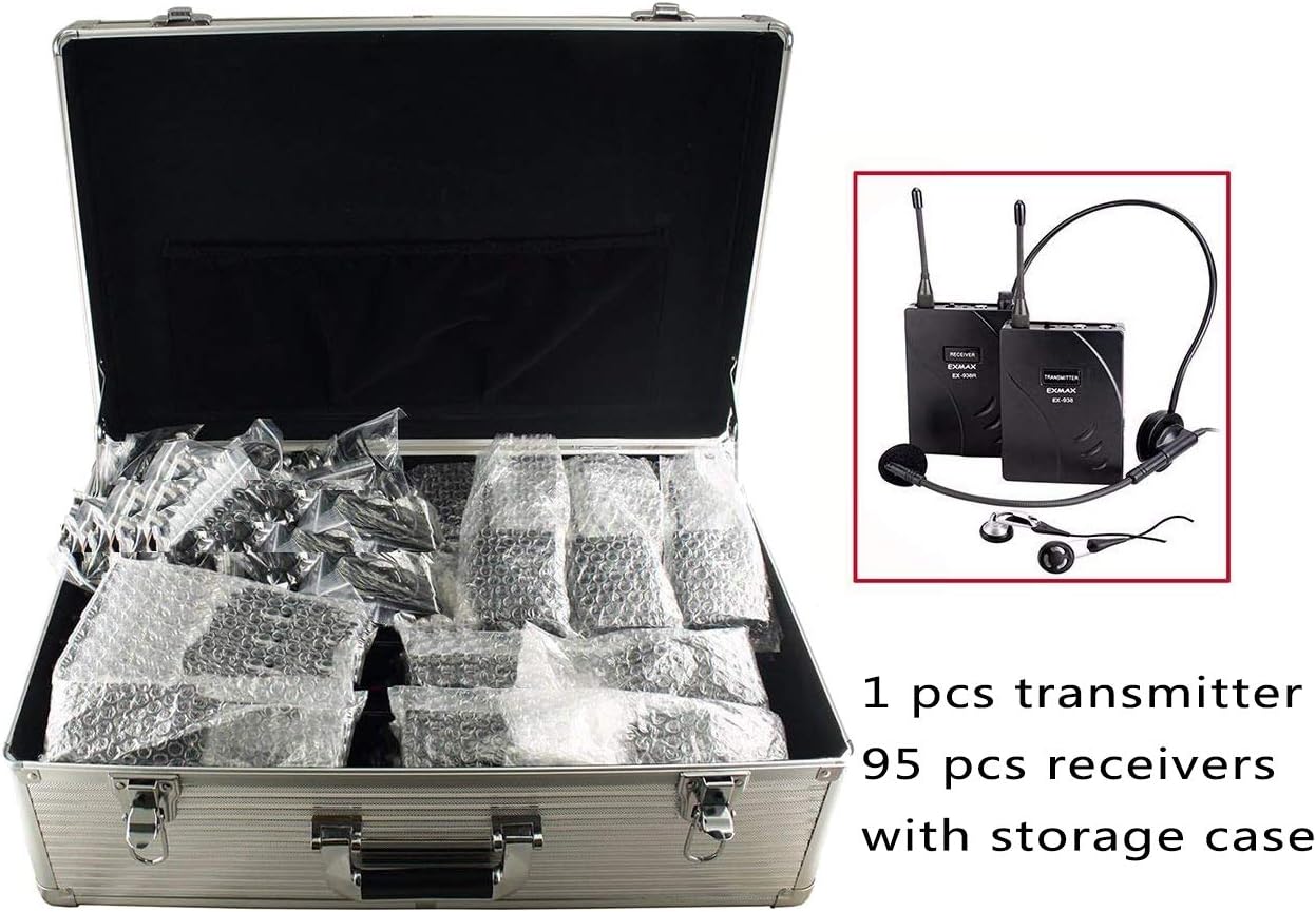 EXMAX EX-938 Wireless Headset Microphone Audio Tour Guide System for Church Translation Teaching Travel Simultaneous Interpretation.(1 Transmitter 95 Receivers with Silver Aluninum Storage Case)