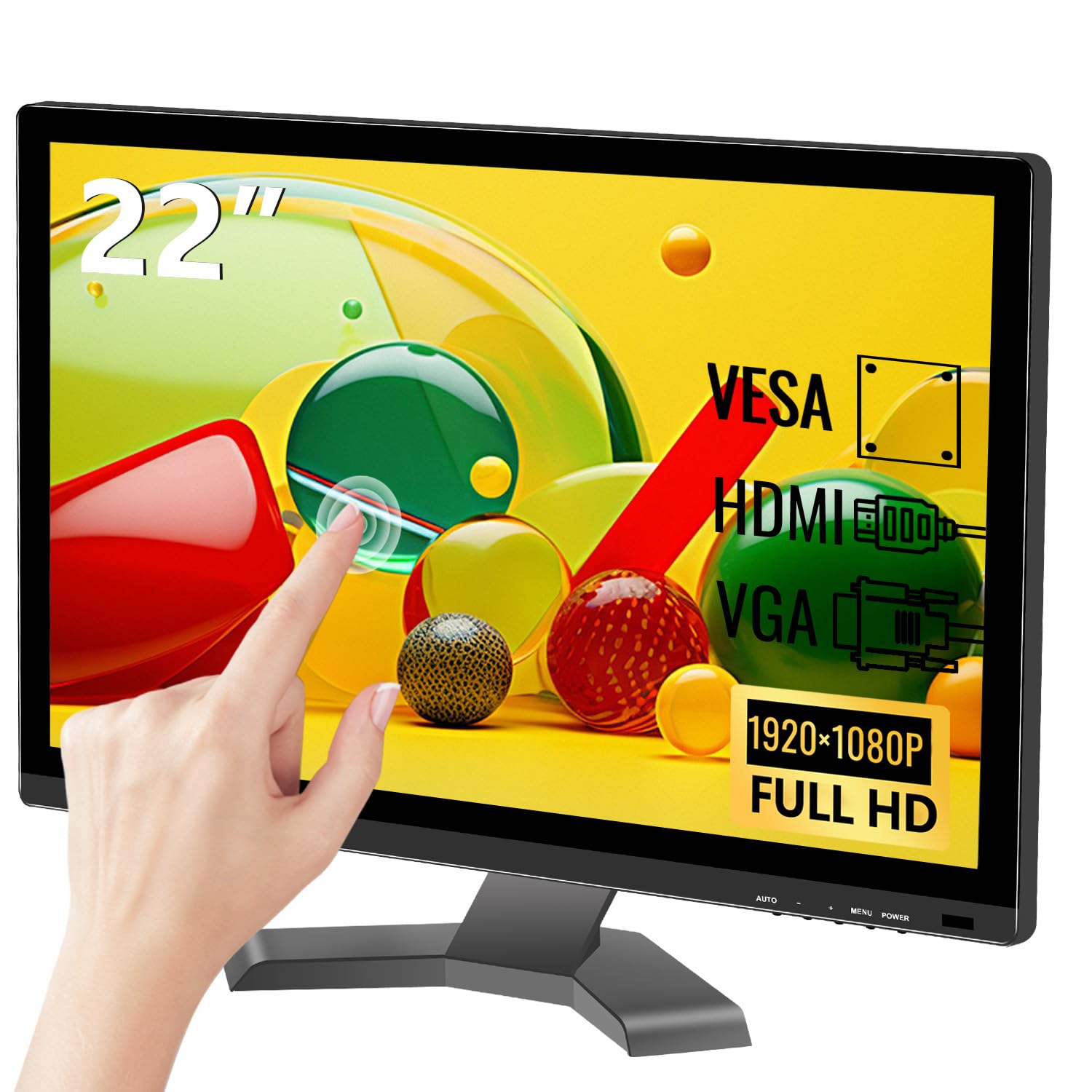 Photo 1 of 22 Inch Touchscreen Monitor, FHD 1080P Computer Monitor, HDMI VGA USB 10-Point Touch PC Display for Business, VESA, Built-in Speakers, Black